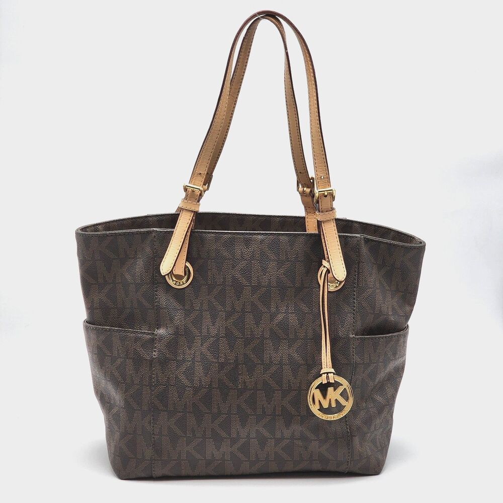 Michael Kors Coated Canvas Monogram MK Leather Trim Large Tote Bag Brown